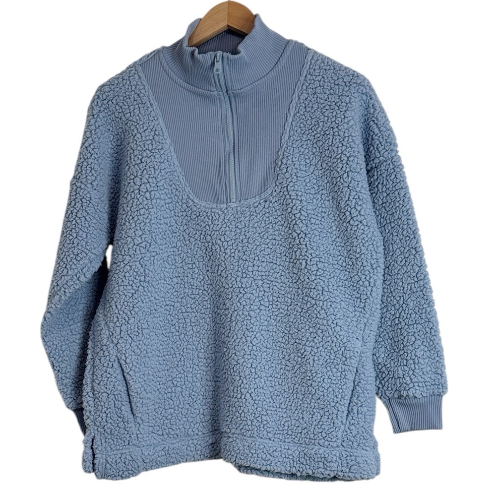 Aerie Dream Sherpa Quarter Zip Pullover Sweatshirt Oversized Steel Blue Hue sz S